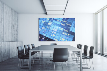 Stats data illustration on presentation screen in a modern conference room, computing and analytics concept. 3D Rendering