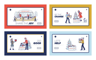 Set of landing pages with cartoons donating for christmas. People giving toys for charity