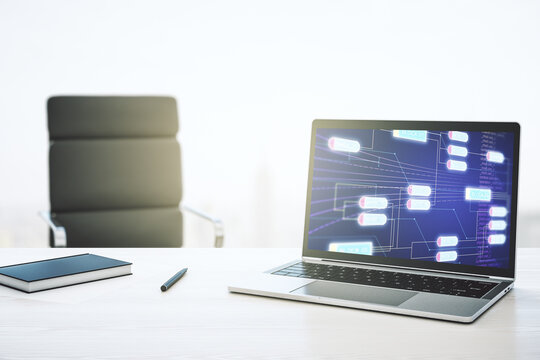 Modern computer display with abstract programming language hologram, artificial intelligence and machine learning concept. 3D Rendering