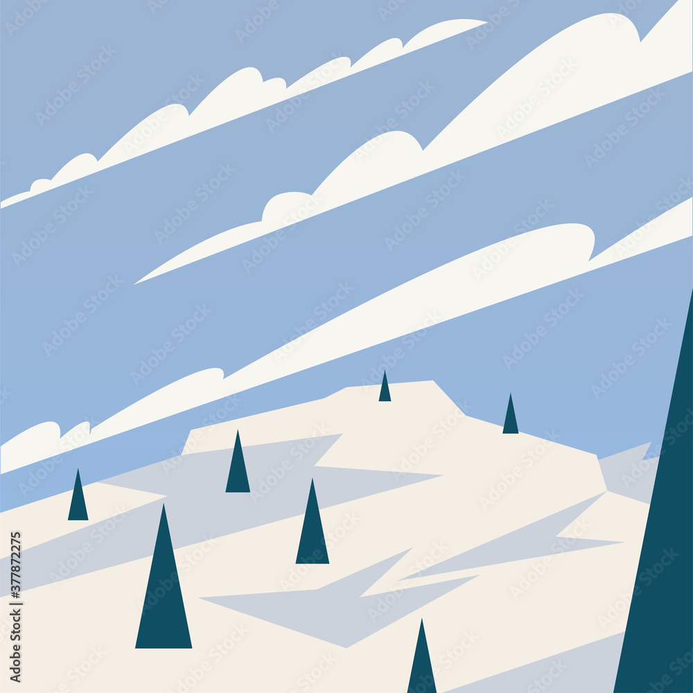 Poster pine trees at snow and clouds vector design