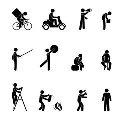 people are busy with various activities, sports, work and travel, pictogram man, isolated stick figure human icons