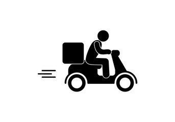 courier carrying cargo on moped, fast delivery symbol, man rushing to deliver parcel, isolated icon human silhouette