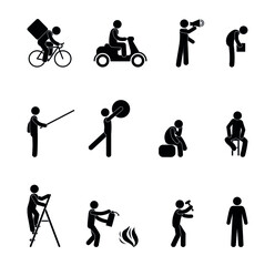 Fototapeta na wymiar people are busy with various activities, sports, work and travel, pictogram man, isolated stick figure human icons