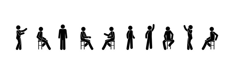 people stand and sit in various poses, communication between people illustration, isolated stick figure pictograms, man icon