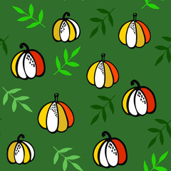 Autumn branches and pumpkin. Autumn pattern of branches and pumpkin. Bright seamless picture for textiles, wallpaper, gift wrapping, postcards. Vector illustration.
