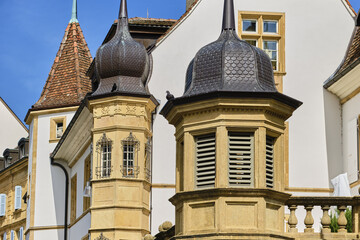 Fototapeta na wymiar turrets on the market square Neuchatel, Switzerland