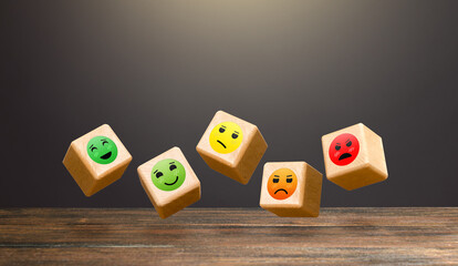 Flying blocks with faces of moods from joy to anger. Conducting a survey. Rating. Approval,...
