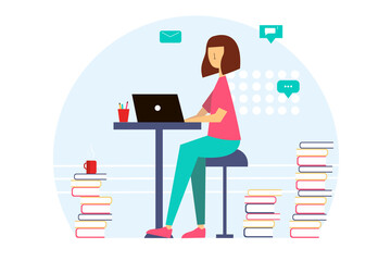 Woman working in an office. Office work, heavy workload, working late.  illustration in flat style.