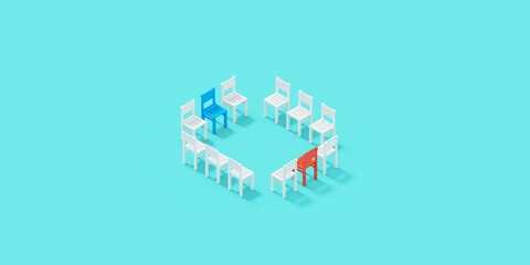 Group chairs psychotherapy consultation. 3D Illustration psychologist counseling group patient. Blue chair and red chair are standing opposite surrounding by white ones. Mental health care concept.