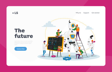 Engineers Characters Make and Programming Robot Landing Page Template. Robotics Hardware and Software Engineering
