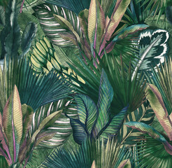 Tropische Blätter, handgezeichnet mit Aquarellfarben. Nahtloses tropisches Muster. Abbildung auf Lager