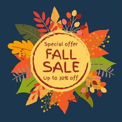 Fall sale banner with leaves. Circle frame for Autumn discount. Up to 30 percent Price off badge or tag with Sptember or October foliage. Vector illustration.