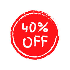 Sale sticker or icon. 40 percent price off discount label or tag with grunge texture. Hand drawn promo badge for advertising design. Vector illustration.