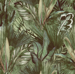 Tropical leaves hand-drawn by watercolor. Seamless tropical pattern. Stock illustration