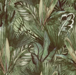 Wallpaper murals Tropical set 1 Tropical leaves hand-drawn by watercolor. Seamless tropical pattern. Stock illustration