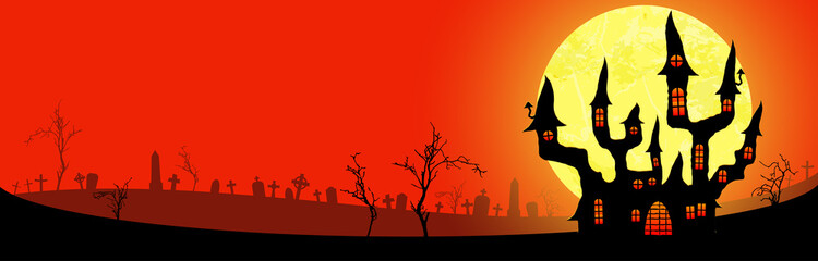 halloween spooky castle in front of full moon