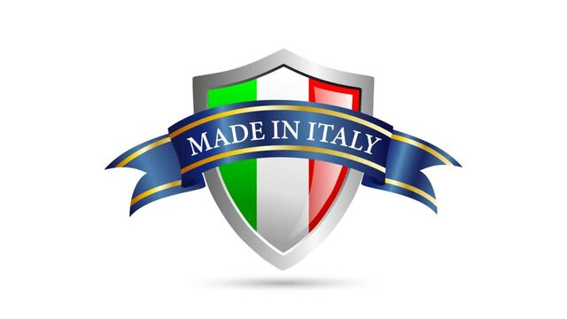 Made in Italy, shield with flag and ribbon with text. 2D animation. Clip footage 4k for Gif