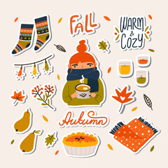 Hand drawn set of cute autumn stickers. Girl in sweater and scarf, cup of tea, candles, plaid, pie, pears, bulbs, leaves, lettering. Vector isolated icons for web, apps, sticker print, poster, tag.