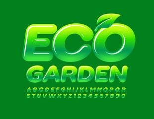 Vector logo Eco Garden with Leaf. Green gradient Font. Shiny trendy Alphabet Letters and Numbers set