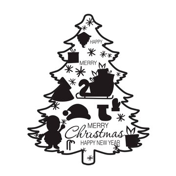 Print Hand-drawing silhouette background collection. Vector christmas tree decoration. Element for design.