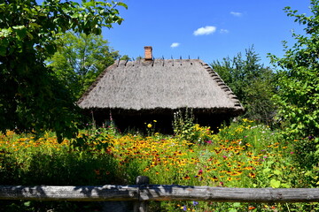 View of a small wooden hut or shack with an angled thatch roof located behind a beautifully...