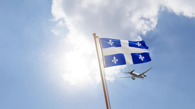 Flag of Quebec Waving with Airplane arriving or departing, Realistic Animation