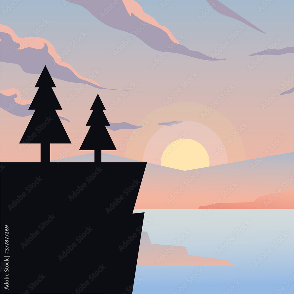 Poster cliff with pine trees vector design