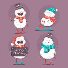 Cute Christmas snowman vector cartoon characters set isolated on a white background.