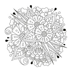 Square coloring page with large and small abstract flowers. Black-white background. Vector floral illustration for coloring. Pattern for embroidery, tattoo, design.