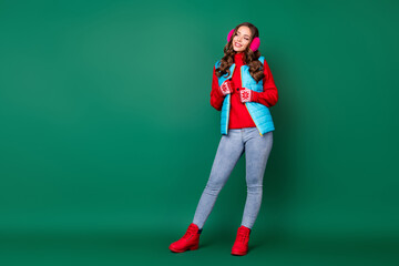 Full length body size view of her she nice attractive pretty lovely cheerful pensive girl wearing casual look outfit season coat warmth thinking copy space isolated over green color background