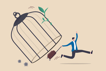 Travel after COVID-19 Coronavirus crisis, destination country reopen for tourist or post-covid trip concept, happiness tourist traveller running from reopen cage with luggage bag to start new journey.