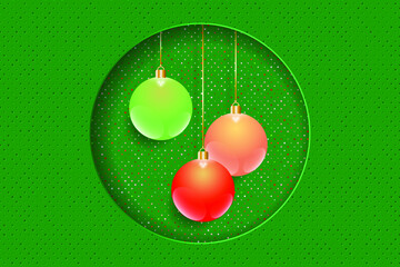Christmas and New Year greeting card. Color christmas balls in the round frame. Vector EPS10