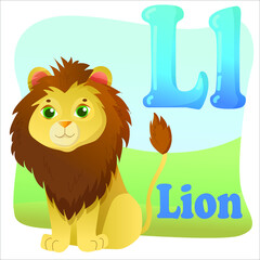 Letter L, a cute lion cub with a fluffy brown mane drawn in cartoon style. Children's English alphabet. Vector illustration isolated on white background
