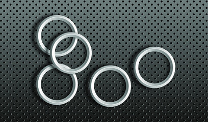 Abstract geometric background. Silver metallic rings on the black relief background. Vector EPS10