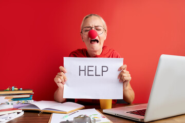 portrait of caucasian tired and frustrated woman working as secretary in stress at work office...