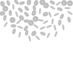 British pound coins falling. Scattered black and w
