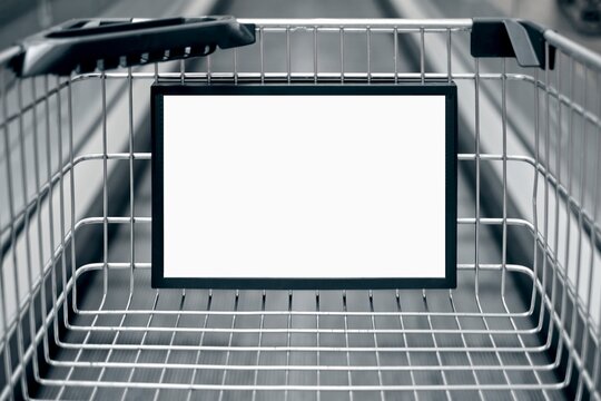 Advertising sign in a Shopping cart. Horizontal image with copy space.