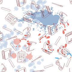 School seamless background, pattern with linear icons and multicolored blots. School accessories. educational background. vector illustration.