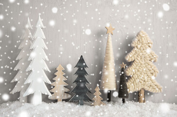 Vintage Christmas Trees. Gray Grungy Wooden Rustic Background With Snow And Snowflakes. Christmas Decoration With Stars.