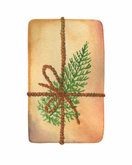 Merry Christmas and New Year gift box in craft wrapping paper is decorated with cypress branch, in vintage style. Watercolor hand drawn painting illustration isolated on white background.