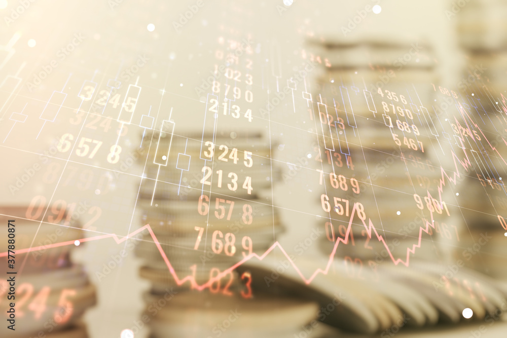 Poster abstract virtual analytics data spreadsheet on coins background, analytics and analysis concept. mul