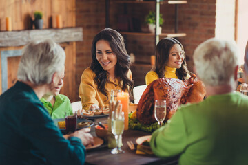 Portrait of big family thanks giving feast stuffed turkey served dinner chatting meeting house living room indoors
