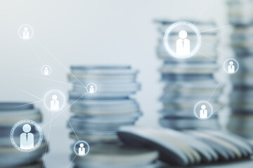 Abstract virtual social network hologram on coins background. Double exposure