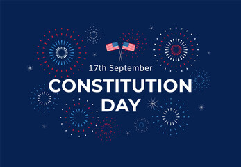 Constitution Day in USA banner design with text, flags and colorful fireworks on blue background. 17th September Citizenship day