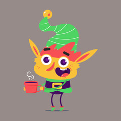 Cute Christmas elf with red coffee cup vector cartoon character isolated on background.