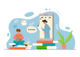 Online education concept. Student learning online at home. Online video courses, e-learning and podcast. Smartphone Learning Concept. Education podcast on phone. Flat Vector illustration.
