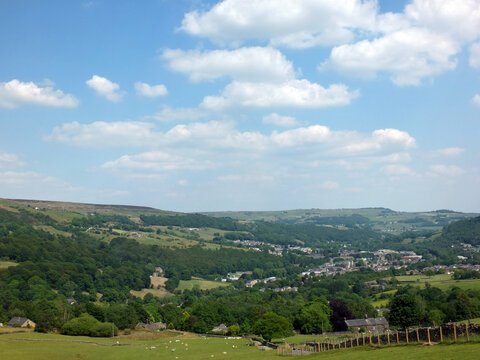 scenic view of the town of mytholmroyd surrounded by woods and fields in the calder valley west yorkshire