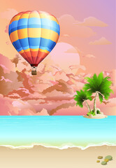 Fototapeta premium Picturesque tropical island beach scene with hot air balloon flying over the ocean set against a dawn or dusk pink sky