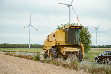 combine harvester on field