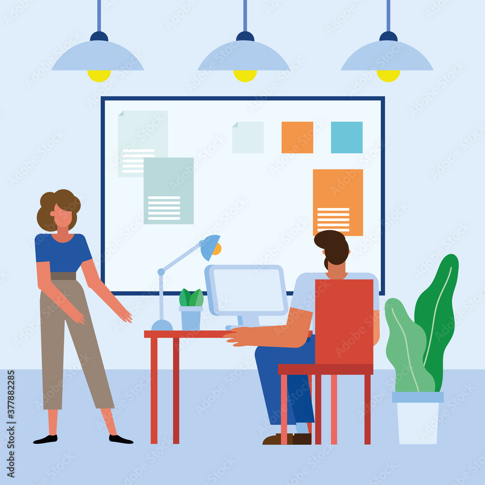 Poster man and woman with computer at desk in the office vector design